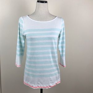 Gap Striped Boatneck Three-Quarter Sleeve Top - White & Light Aqua